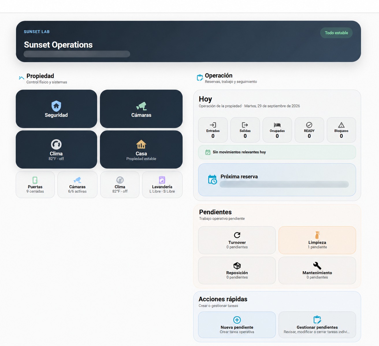 Sanitized Sunset Operations dashboard showing property and operations controls